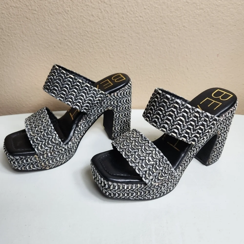 Beach by Matisse Womens |5| Black/Gray Gem Raffia Open Toe Slip-On Platform Heel